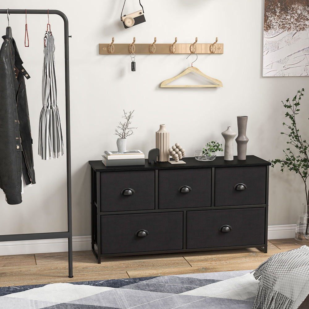 Black dresser storage tower featuring five foldable cloth drawers, perfect for organizing items in home or office.
