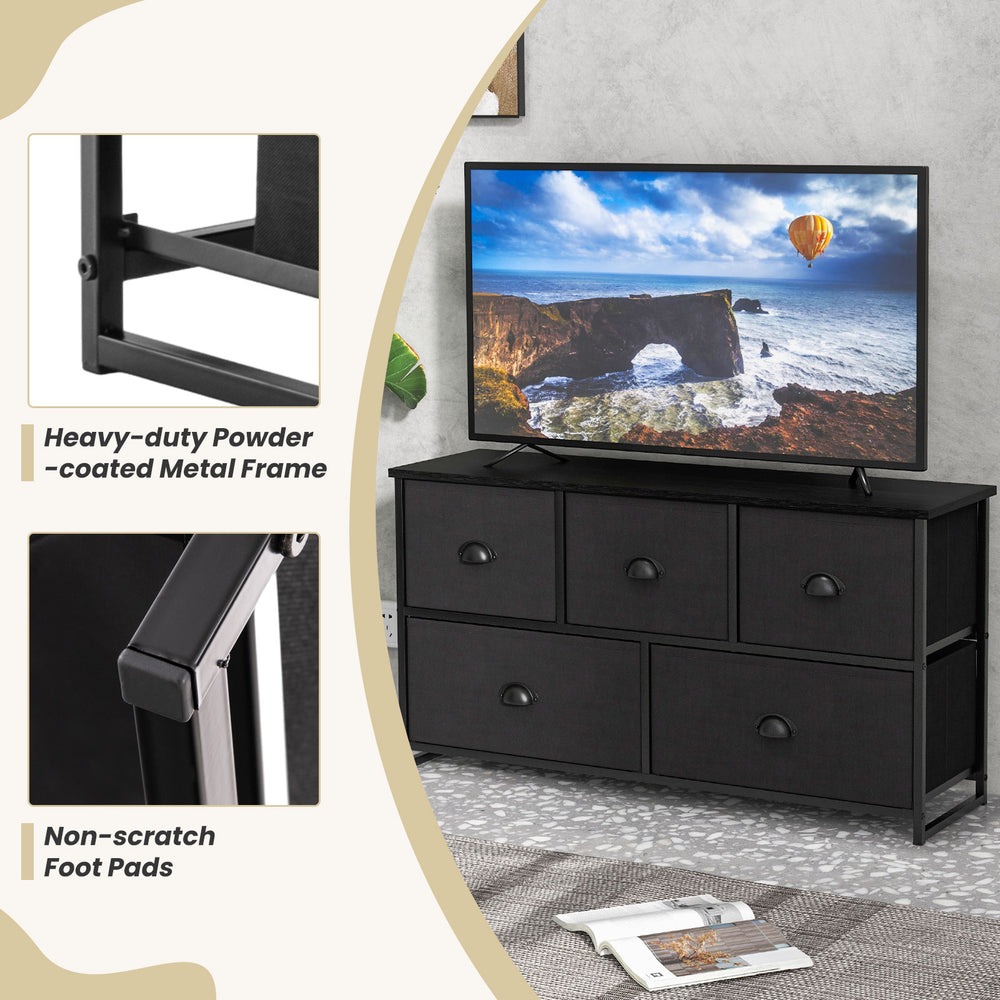 Dresser storage tower with five foldable black cloth drawers, featuring a sturdy metal frame and non-scratch foot pads.