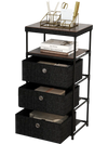 Fabric storage tower with 3 removable drawers, wood top, and metal frame, ideal for office or living room organization.
