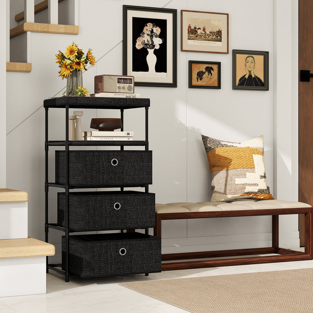 Dresser with 3 fabric drawers and wood top, featuring a metal frame, ideal for living rooms and offices.