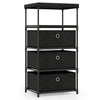 Fabric storage tower with three removable drawers, metal frame, and wood top, ideal for living rooms and offices.