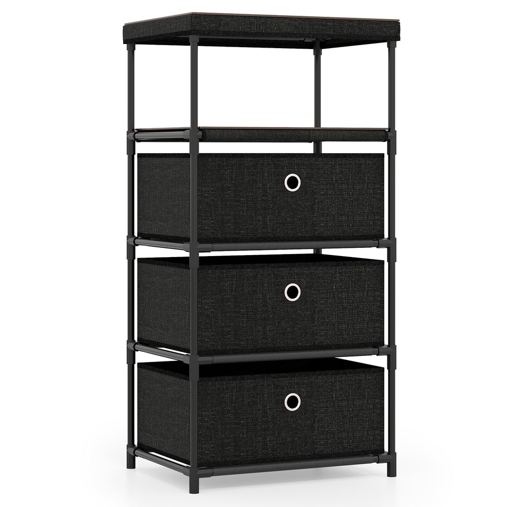 Fabric storage tower with three removable drawers, metal frame, and wood top, ideal for living rooms and offices.