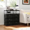 Dresser with 3/4 fabric drawers and wood top, featuring a metal frame, ideal for living rooms and offices.