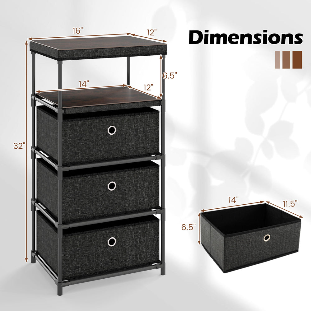 Dresser with 3 fabric drawers and wood top, featuring a metal frame, ideal for living rooms or offices.