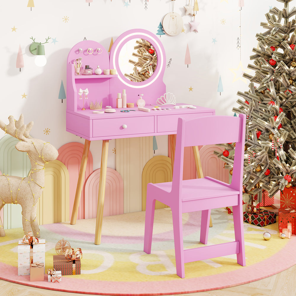 Kids Princess Makeup Dressing Desk and Chair Set with Mirror and Lights-Pink - Gallery View 1 of 9