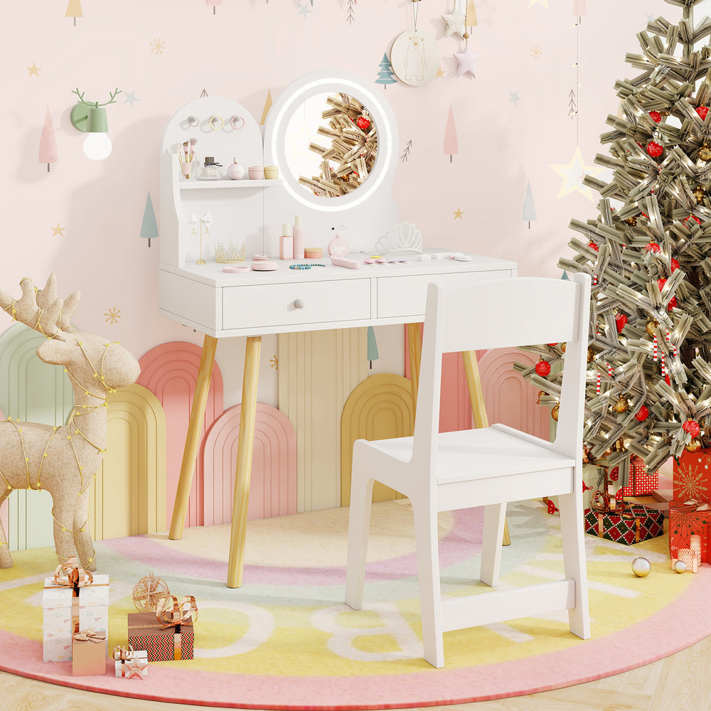 Kids Princess Makeup Dressing Desk and Chair Set with Mirror and Lights-White - Gallery View 1 of 10