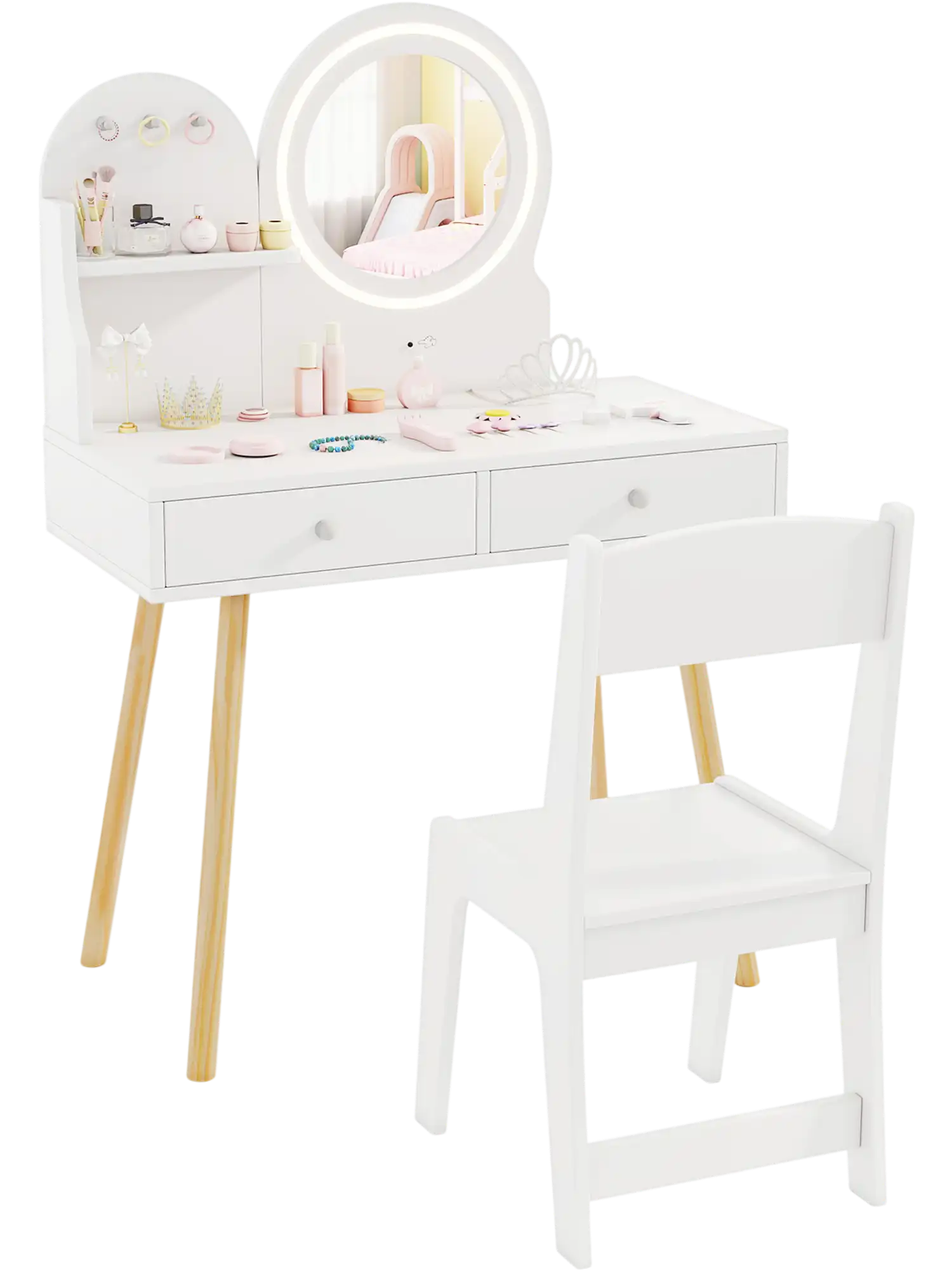 Costway Kids Princess Makeup Vanity Desk Chair Set Mirror Lights 741953826 New