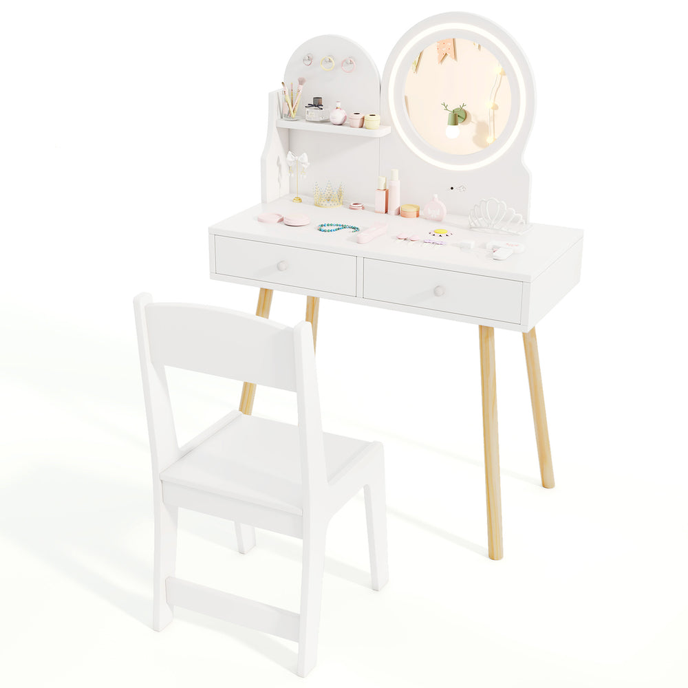 Kids princess makeup dressing desk and chair set in white with lighted mirror, storage, and solid pine wood legs.