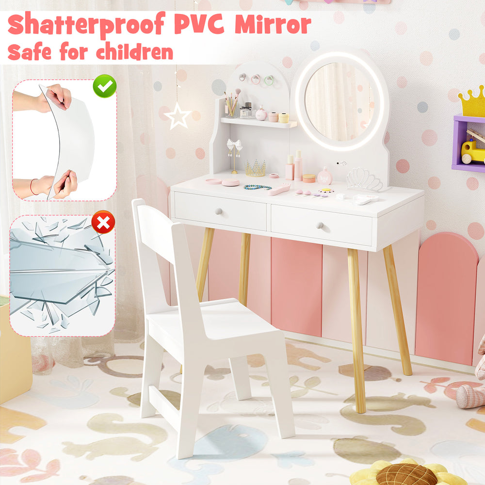 Kids princess makeup dressing desk set with shatterproof PVC mirror, white finish, and solid pine wood legs for.