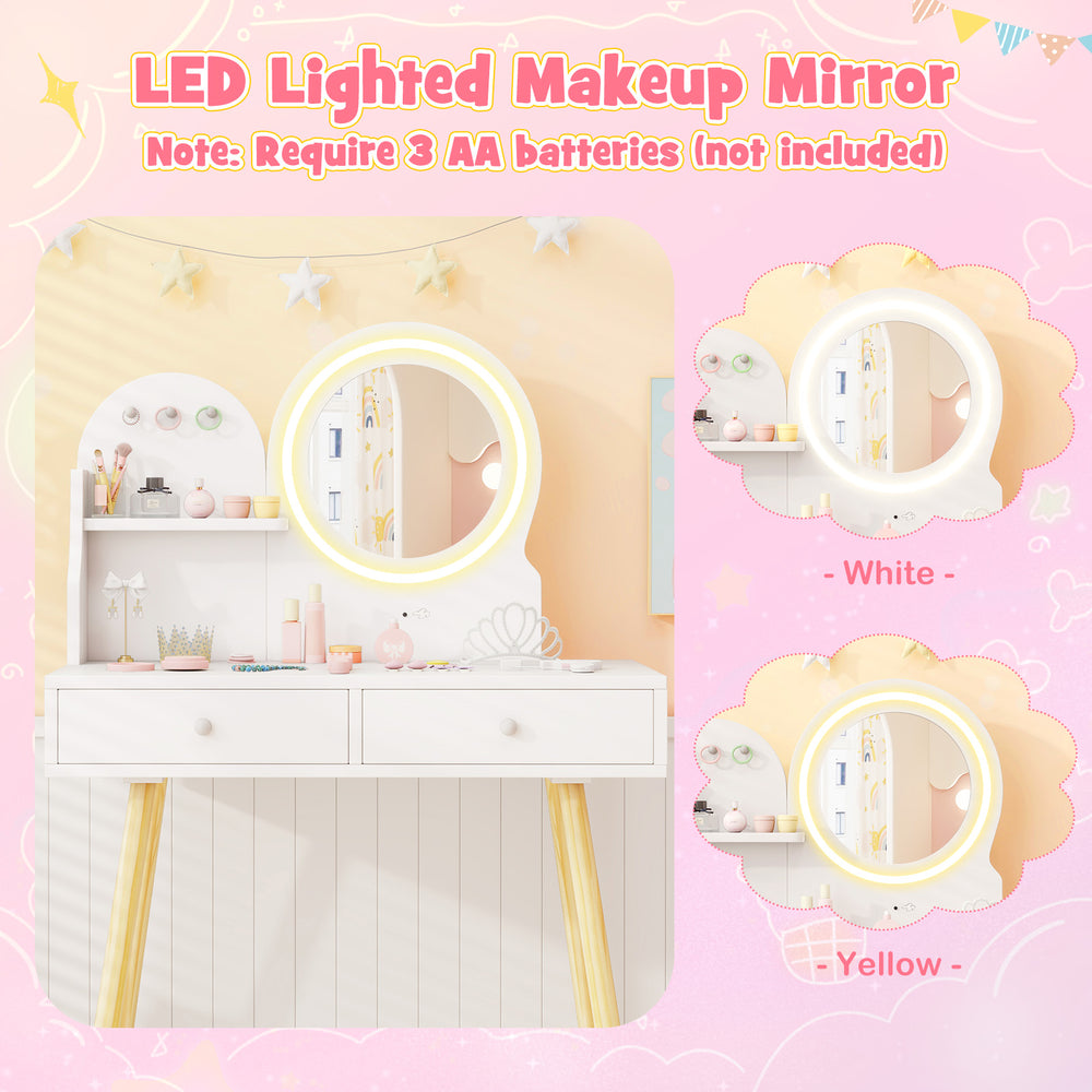 Kids princess makeup dressing desk set with lighted mirror, adjustable colors, and ample storage in white finish.