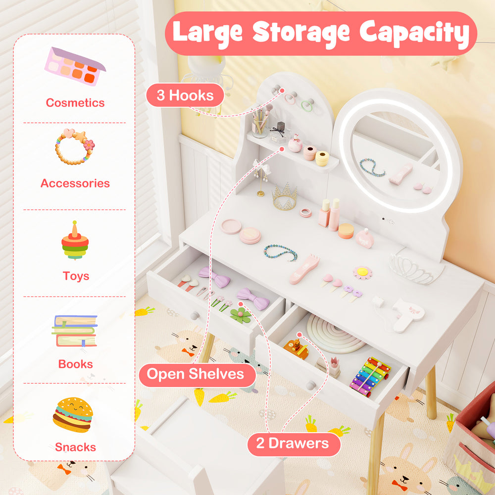 Kids princess makeup dressing desk set with lighted mirror, ample storage, and solid pine wood legs for stability.