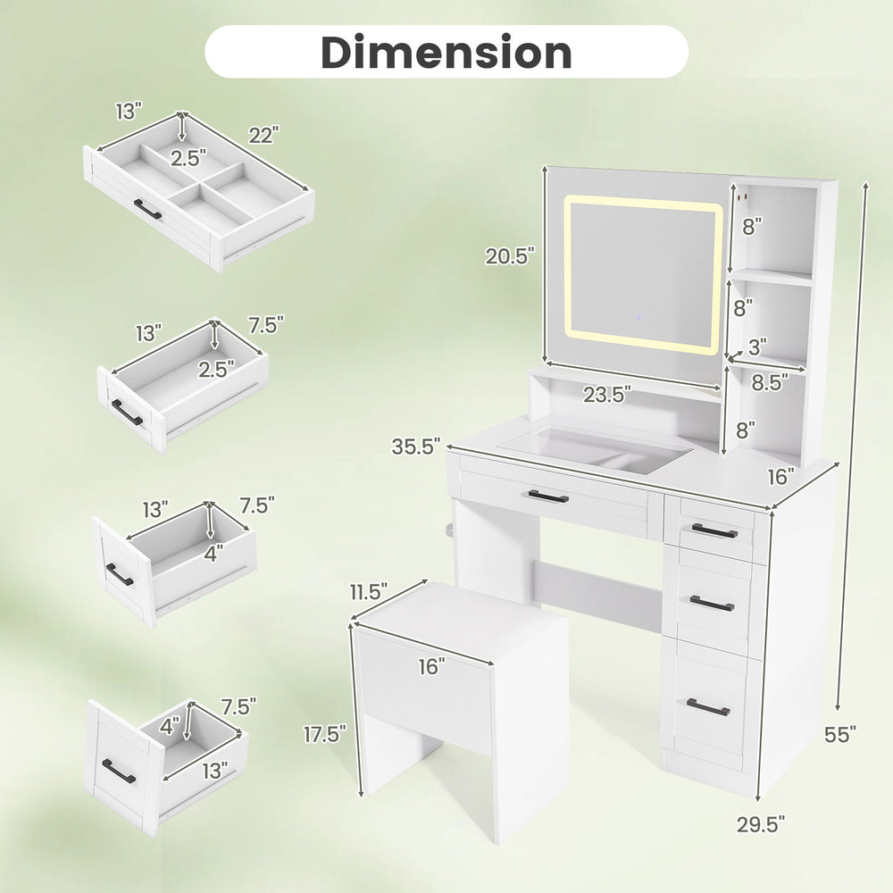 Dressing desk with dimensions, featuring a HD vanity mirror, 3-color lighting, and hair dryer stand for organized.