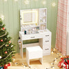 Dressing desk in white with dimmable LED mirror, hair dryer stand, and ample storage for makeup and jewelry.