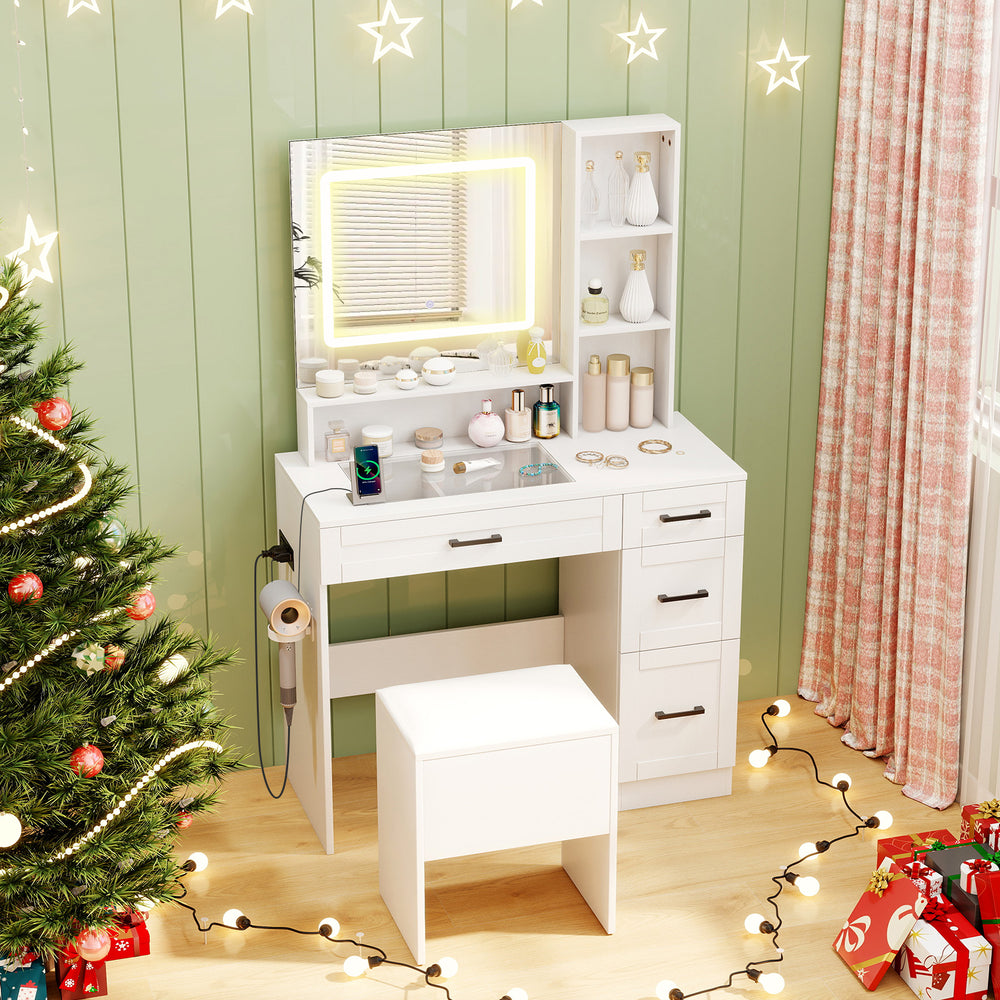 Dressing desk in white with dimmable LED mirror, hair dryer stand, and ample storage for makeup and jewelry.