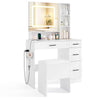 Dressing desk in white with adjustable LED mirror, hair dryer stand, and ample storage for makeup and jewelry.