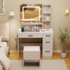 Dressing desk in white with HD mirror, 3-color lighting, hair dryer stand, and spacious storage for makeup and jewelry.