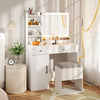 Vanity dressing table set in white with adjustable mirror lights, ample storage, and matching stool for makeup.