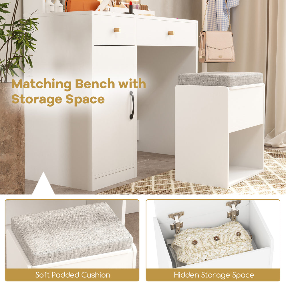 Matching bench with soft padded cushion and hidden storage space for the vanity dressing table set in white.
