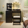 Makeup vanity desk set in black with LED mirror, stool, and ample storage for beauty essentials in a stylish bedroom.