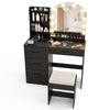 Makeup vanity desk set in black with LED mirror, storage drawers, and matching stool for stylish organization.