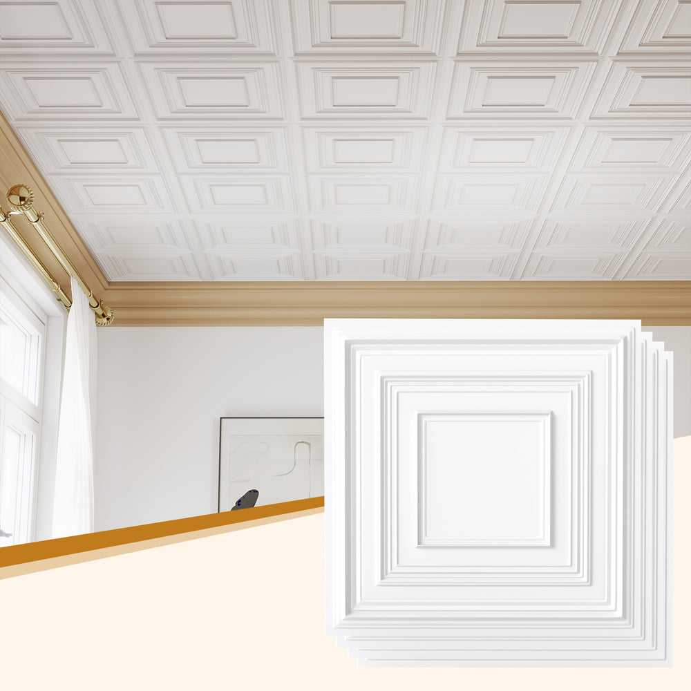 White 3D decorative drop ceiling tiles in a 12-pack, ideal for modern wall and ceiling installations.