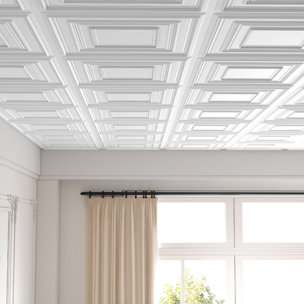 White 3D decorative drop ceiling tiles in a grid layout, made from water-resistant PVC, ideal for modern interiors.