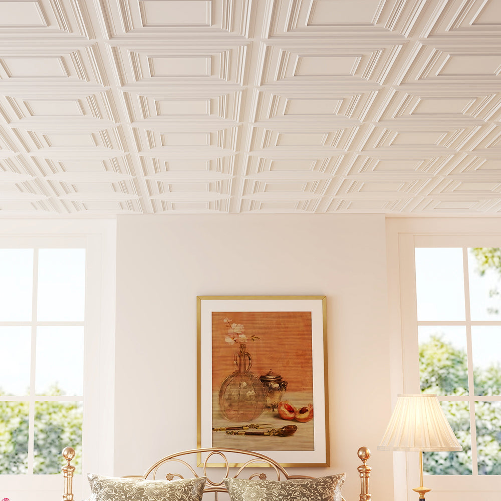 White 3D decorative drop ceiling tiles in a room setting, showcasing the premium PVC material and modern design.