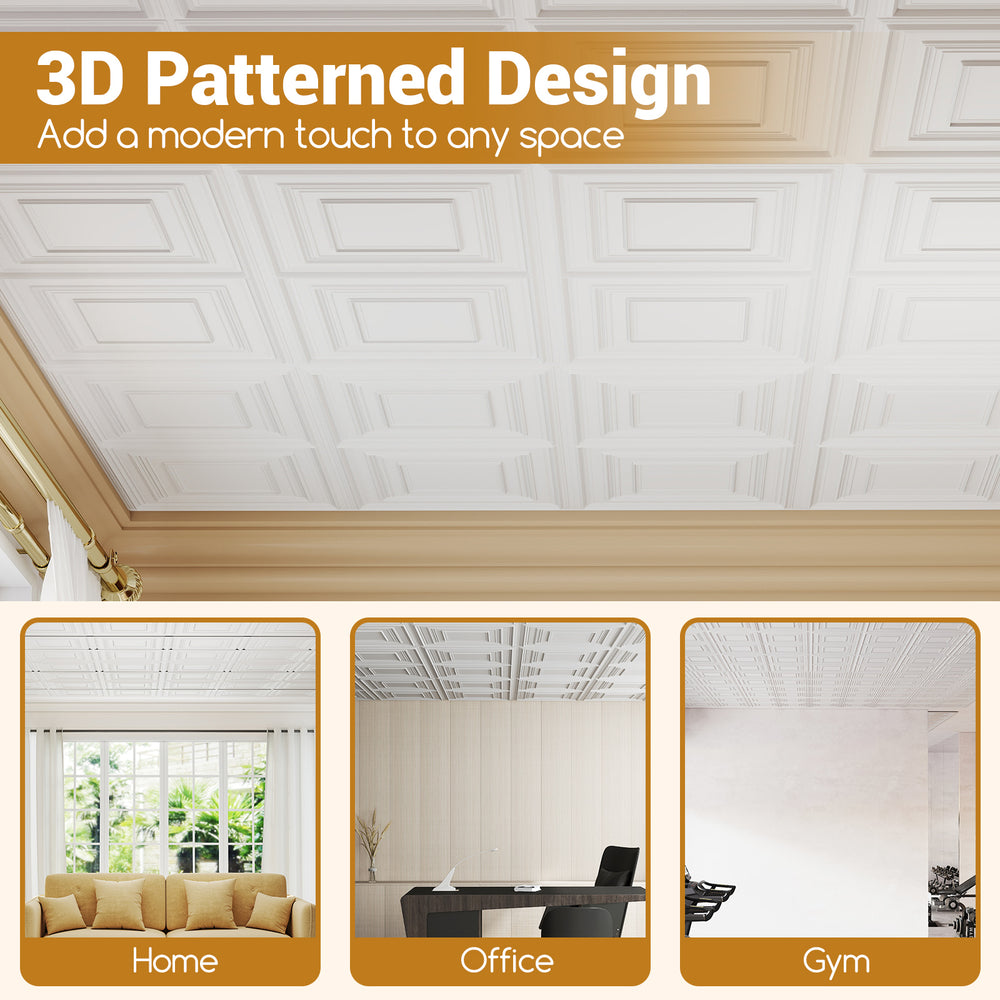 3D patterned drop ceiling tiles in white, 24" x 24", ideal for modern home or office decor, covering 48 sq.ft.