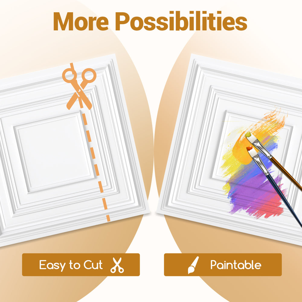 Drop ceiling tiles showcasing easy cutting and paintable features, ideal for customizable wall and ceiling designs.
