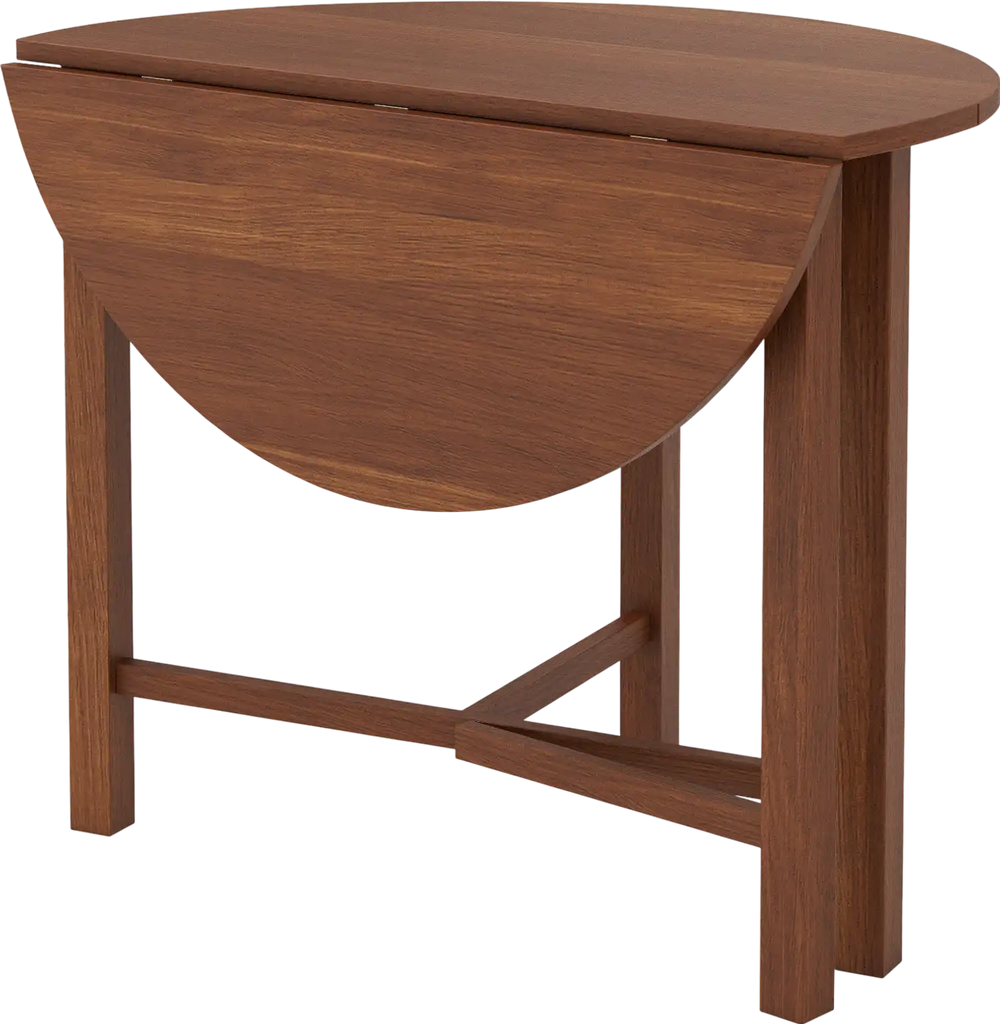 Dual drop leaf dining table in walnut finish, designed for small spaces, accommodating 2-4 people with a foldable.