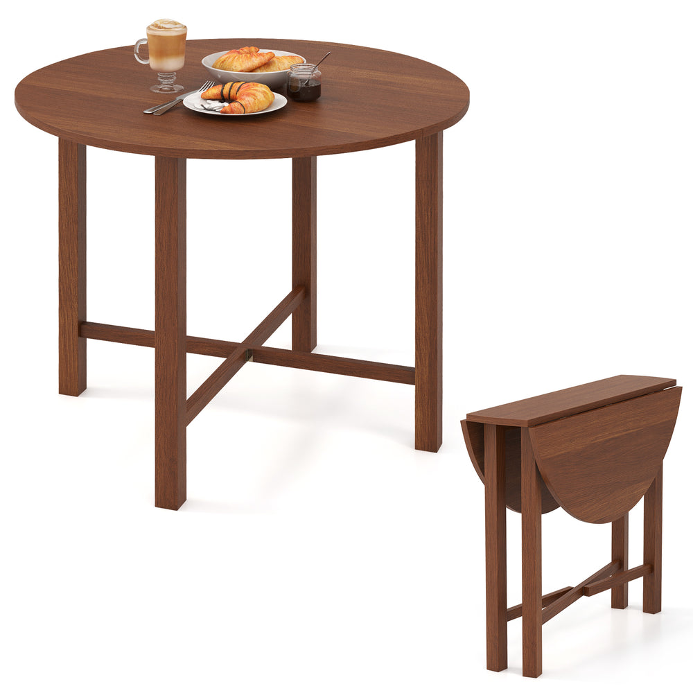 Round walnut drop leaf dining table for small spaces, accommodating 2-4 people with a foldable design for easy storage.