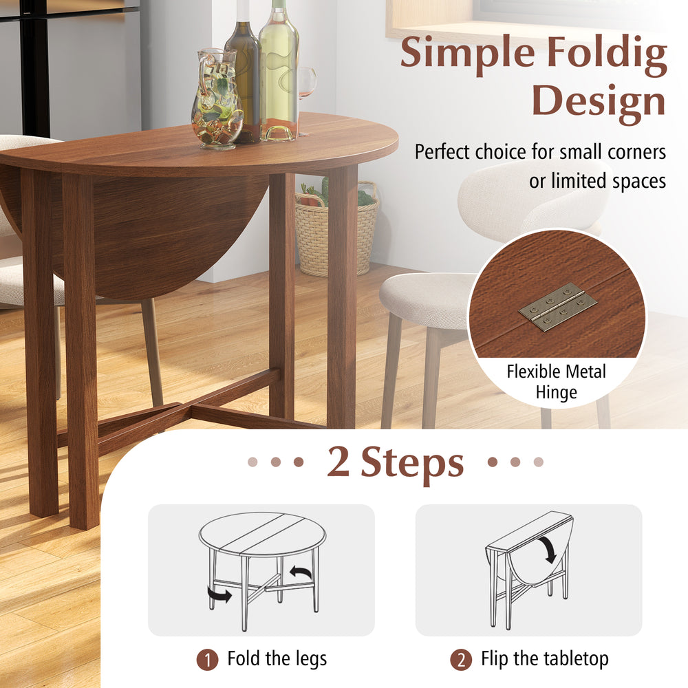 Dual drop leaf dining table in walnut finish, foldable design for small spaces, accommodating 2-4 people.