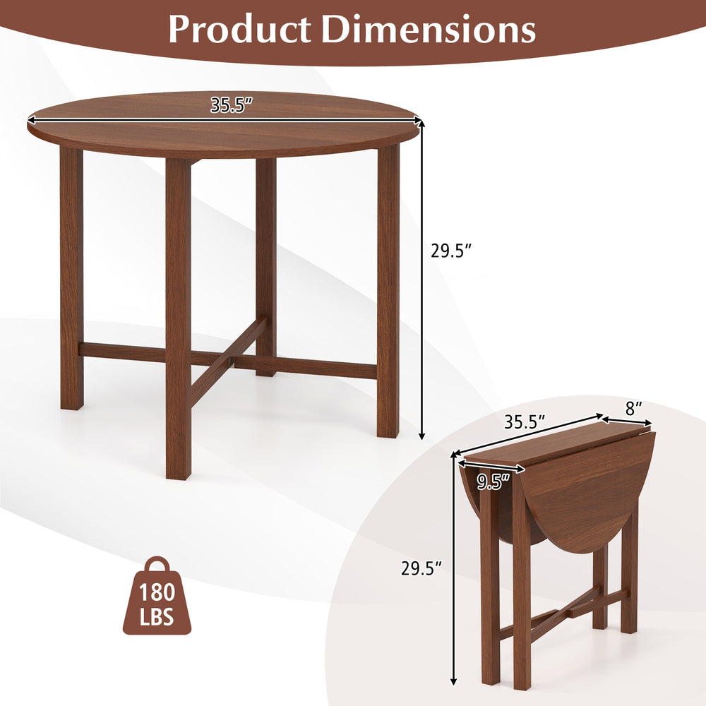 Round Dual Drop Leaf Dining Table in walnut finish, 35.5" wide, foldable design for small spaces, accommodates 2-4.