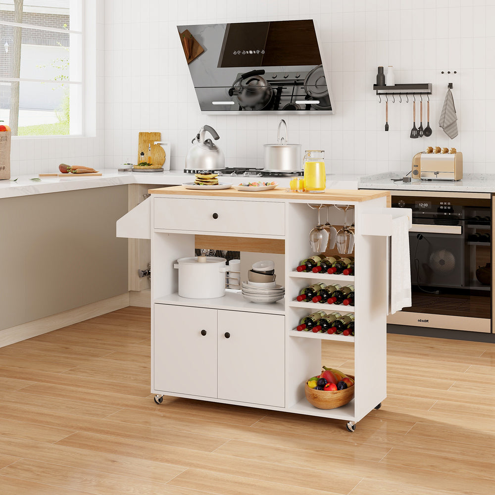 Drop Leaf Mobile Kitchen Island Cart with Power Outlet and Adjustable Shelf-White - Gallery View 1 of 10