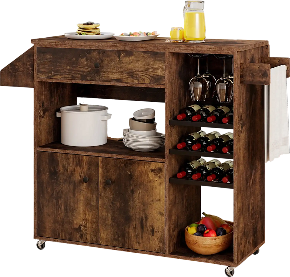 Drop leaf mobile kitchen island cart in rustic brown with wine racks, adjustable shelf, and power outlet for versatile.