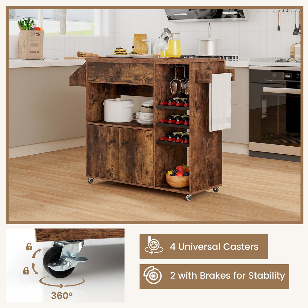 Drop leaf mobile kitchen island cart in rustic brown with power outlet, adjustable shelf, and wine racks for versatile.