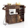 Drop leaf mobile kitchen island cart in rustic brown featuring a microwave shelf, towel rack, and convenient rolling.