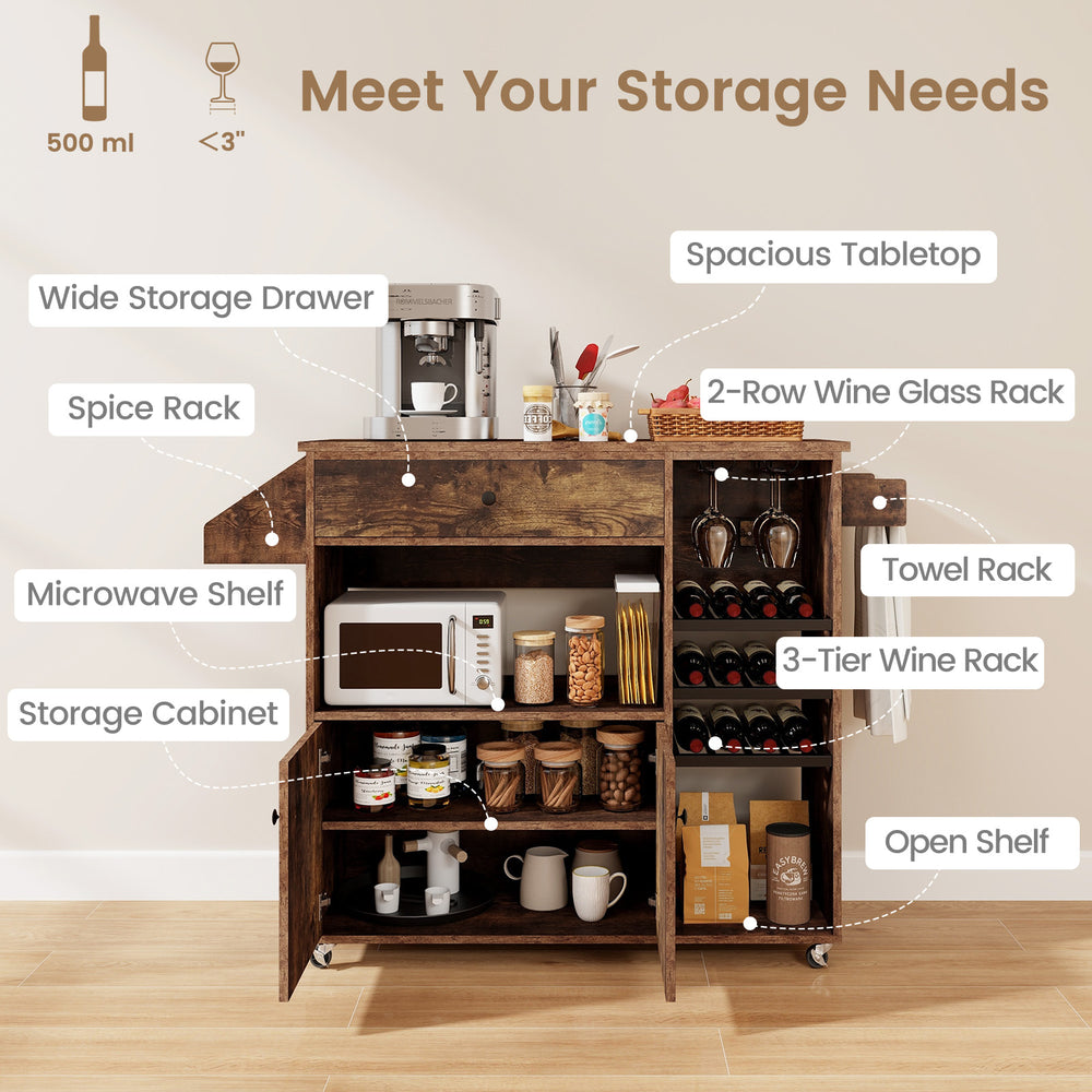Drop leaf mobile kitchen island cart in rustic brown with spacious tabletop, wine racks, and adjustable shelves for.