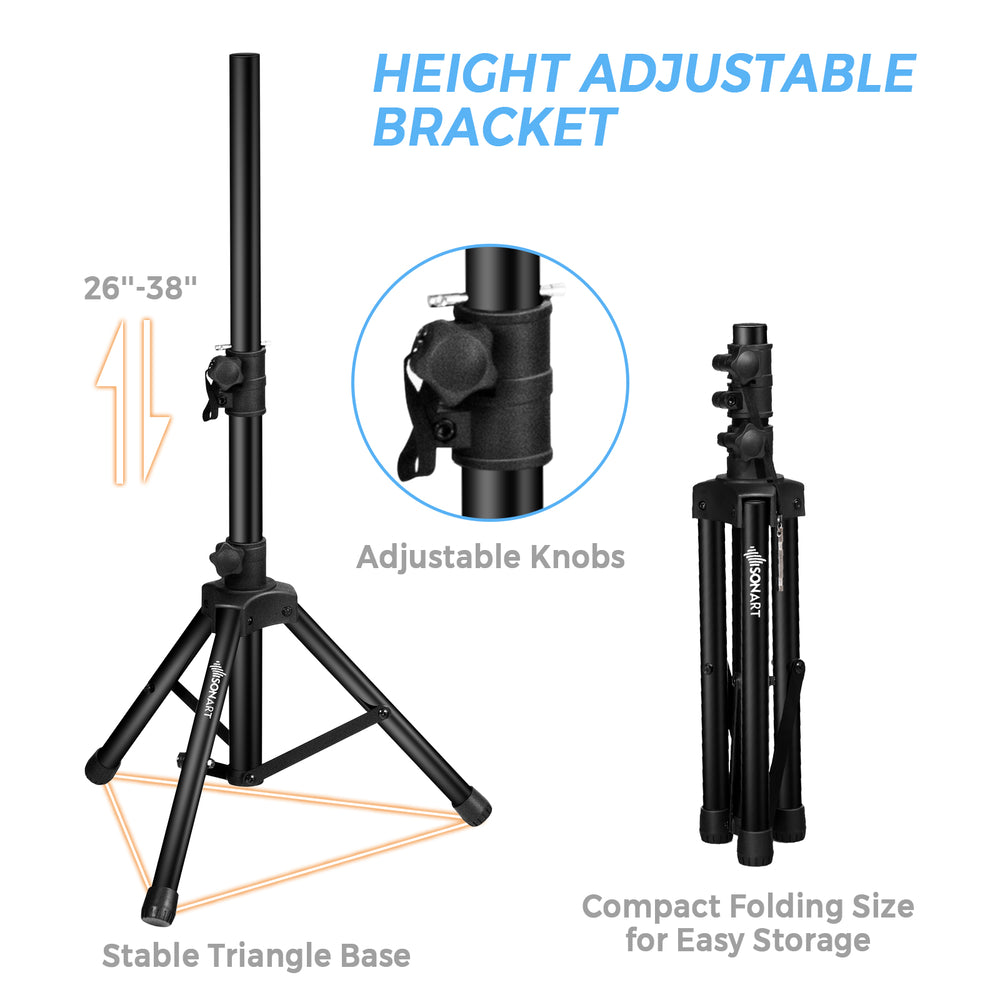 Height-adjustable tripod bracket with a stable triangle base for dual 10-inch powered speakers, ideal for easy storage.