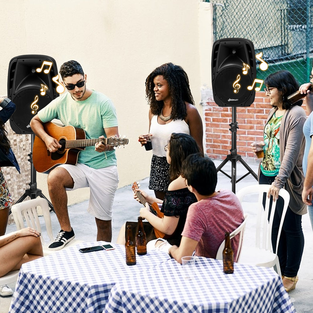 Dual 10-inch powered speakers with Bluetooth, perfect for outdoor DJ parties and personal home use.