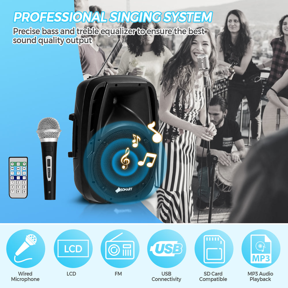 Dual 10-inch powered mic speaker system with Bluetooth, remote control, and LCD for indoor and outdoor use.