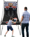 Dual Shot Basketball Arcade Game featuring 8 game modes, with two players enjoying gameplay and four basketballs.