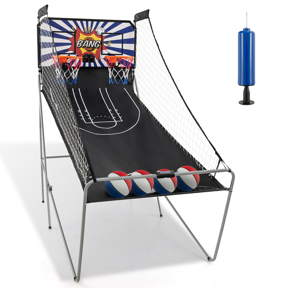 Dual Shot Basketball Arcade Game with 4 balls and inflation pump, featuring 8 game modes for 1-4 players.