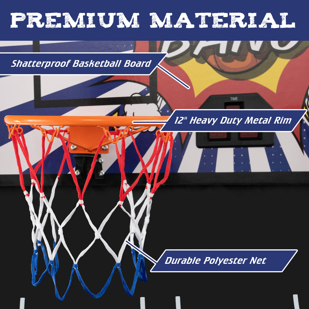 Close-up of the 12" heavy-duty metal rim and durable polyester net on the Dual Shot Basketball Arcade Game.