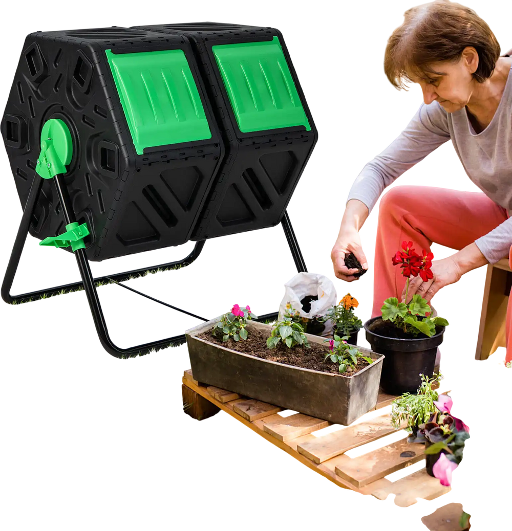 Dual chamber garden compost tumbler in black and green, featuring sliding doors for easy access to compost.