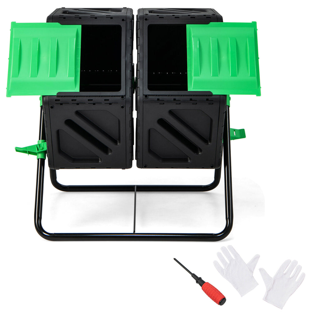 Dual chamber garden compost tumbler in black and green with sliding doors, designed for efficient composting and easy.