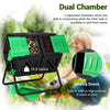 Dual chamber garden compost tumbler in black and green with sliding doors for easy access and efficient composting.