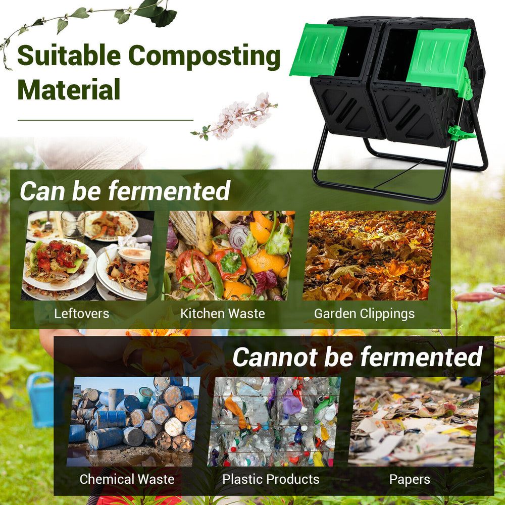 Dual chamber garden compost tumbler in black and green with sliding doors for efficient composting of kitchen waste and.