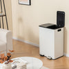 Dual compartment 8-gal trash can in white with stainless steel frame, perfect for waste sorting in any room.