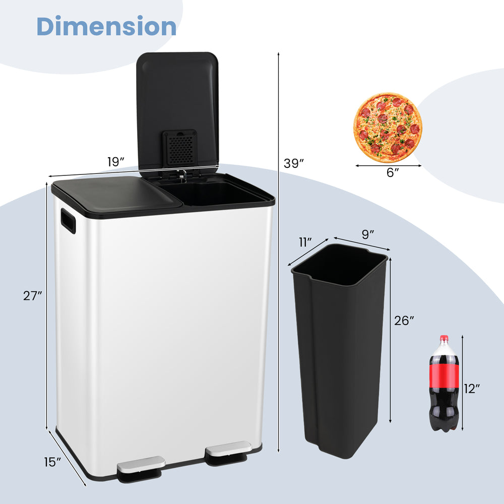 Dual compartment 8-gal trash can in white with stainless steel frame, ideal for kitchen and office waste sorting.